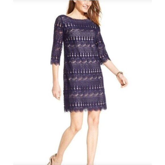 Size 18W 2X NAVY BLUE LACE SCALLOPED SHIFT DRESS Wedding‎ Evening PLUS SIZE - Picture 4 of 4